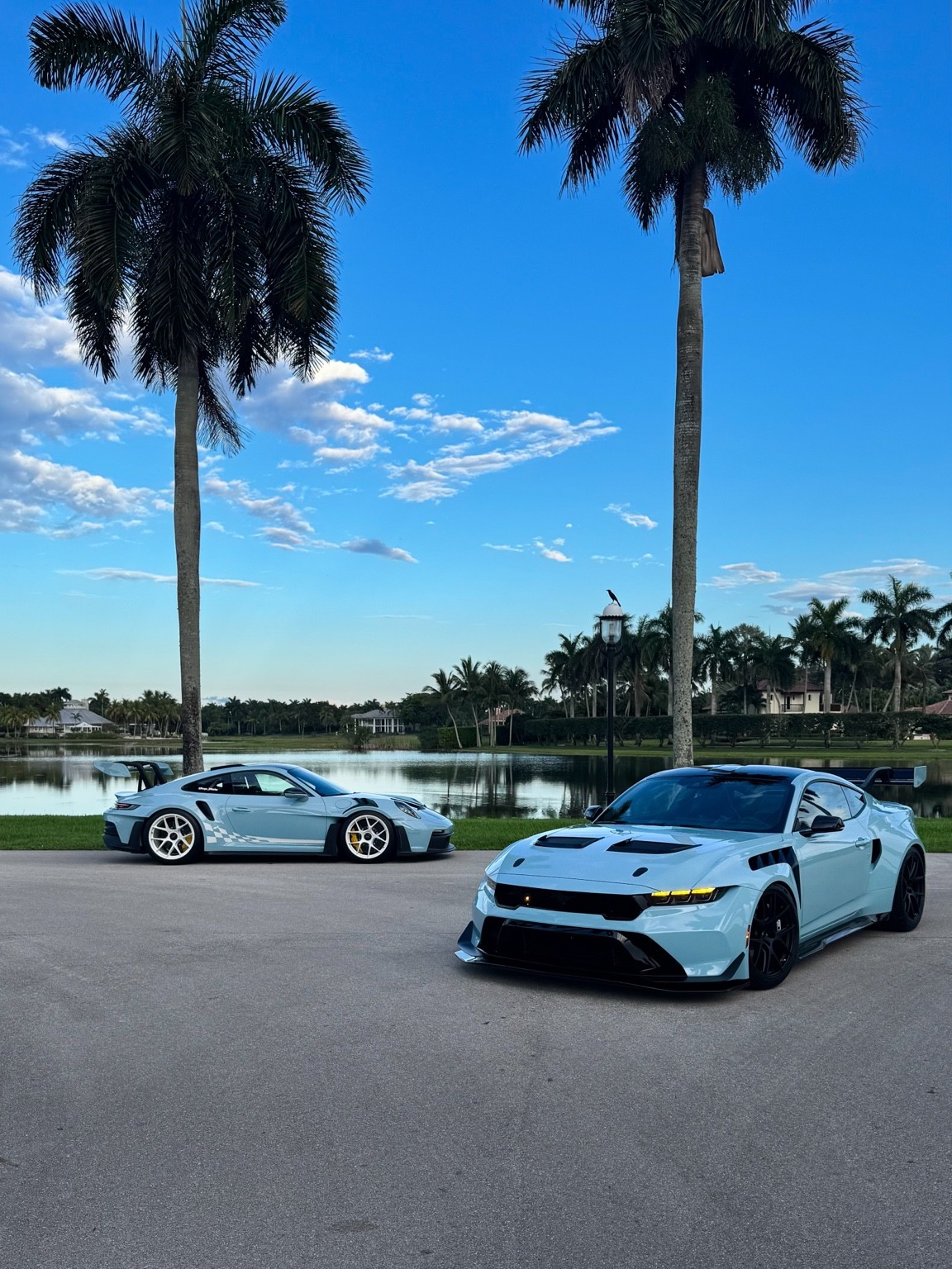 Mustang GTD and Porsche 911 GT3 RS beside a South Florida lake