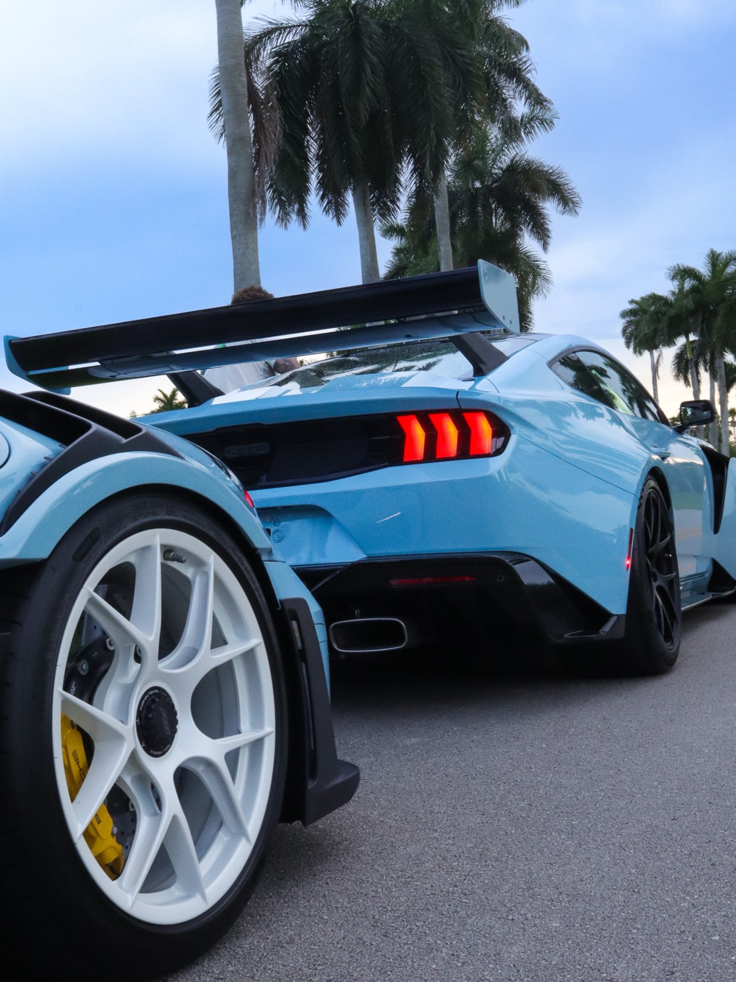 Porsche wheel and blue Mustang GTD rear beneath palm trees